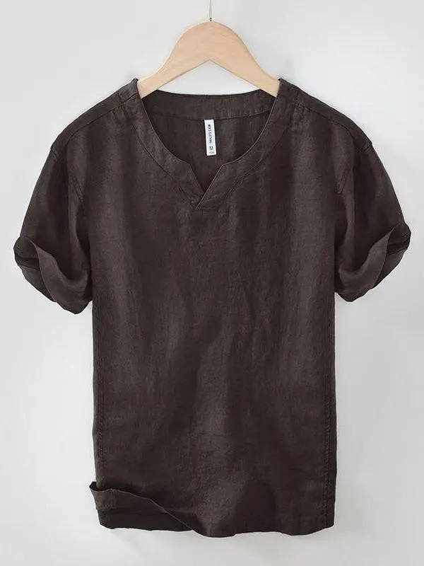 Men's Retro Linen Short Sleeve T-Shirt Thin Loose Breathable Chinese Stand Collar Casual Cotton Linen Top Tie Clip