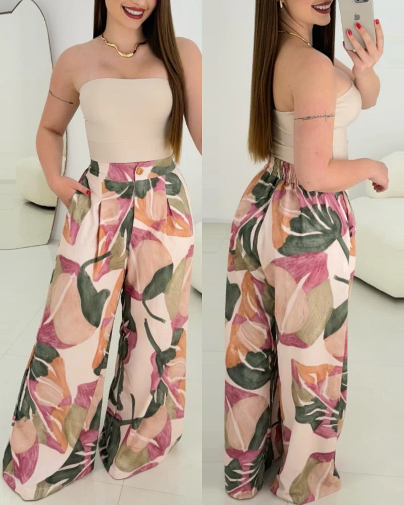 

2025 Spring Floral Print Pocket Design Wide Leg Pants Casual Strechy Waist Pants