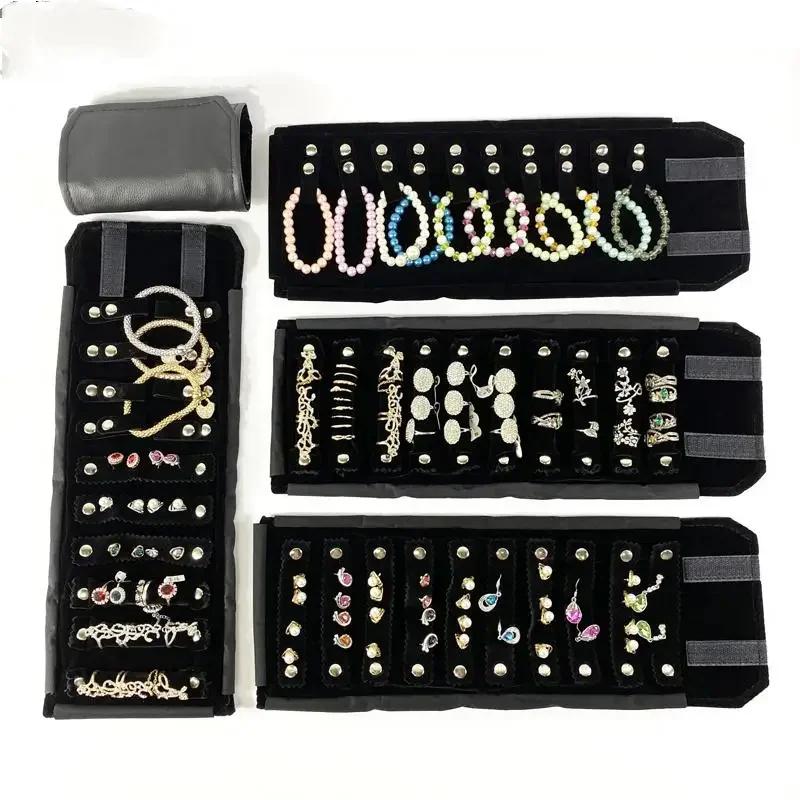 Black Lychee Pattern Pu Leather Jewelry Storage Bag Small Roll Bag Necklace Travel Ring Earring Bracelet Necklace Roll Bag