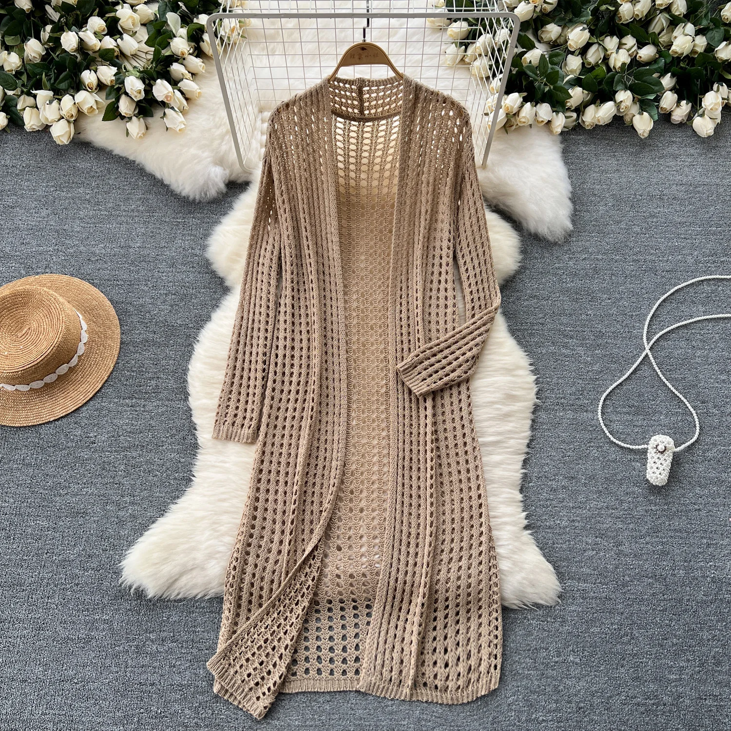 Mid Length Shawl Jacket Hollowed Out Knitted Cardigan Loose Cover Up For Summer Sunscreen Hook Flower Vintage Layered Jacket