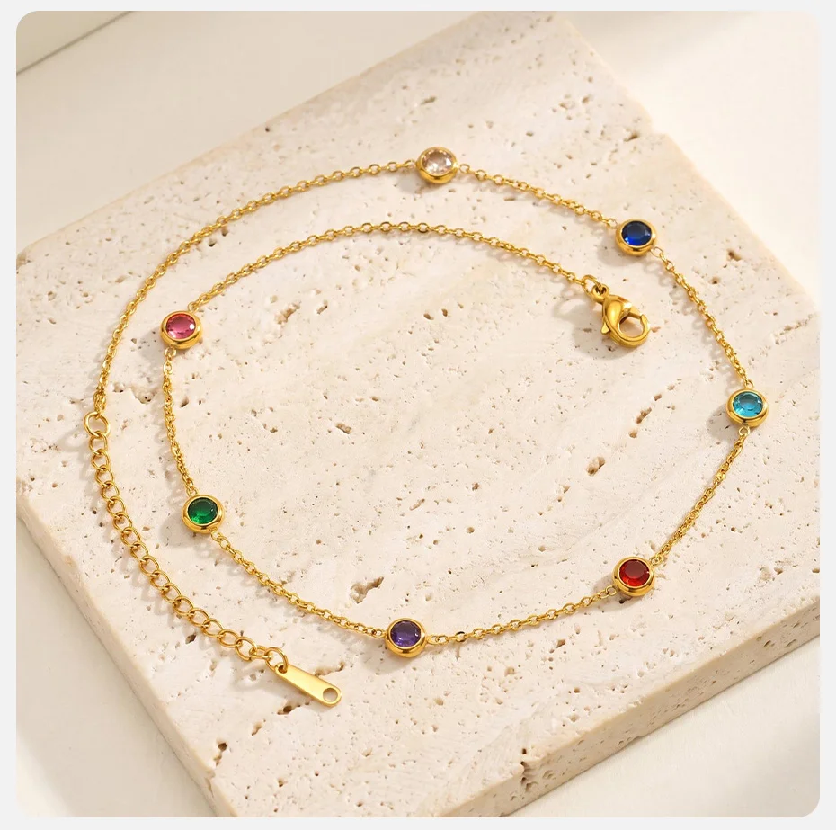 Vnox Minimalistisches, vergoldetes, mehrfarbiges Zirkonia-Schmuckset mit Halskette, Ohrringen und Armband für Damen, trendiger, farbenfroher Kristallschmuck – Detail 15