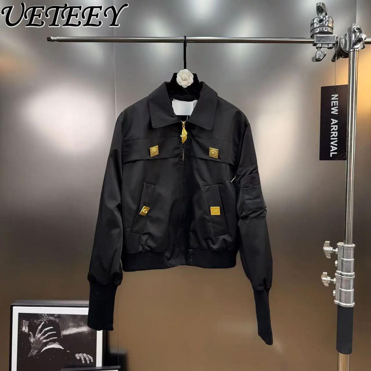 

Spring and Autumn Retro Heavy Metal Decorative Design Turn-Down Collar Long Sleeve Jacket Niche Black Versatile Short Coat