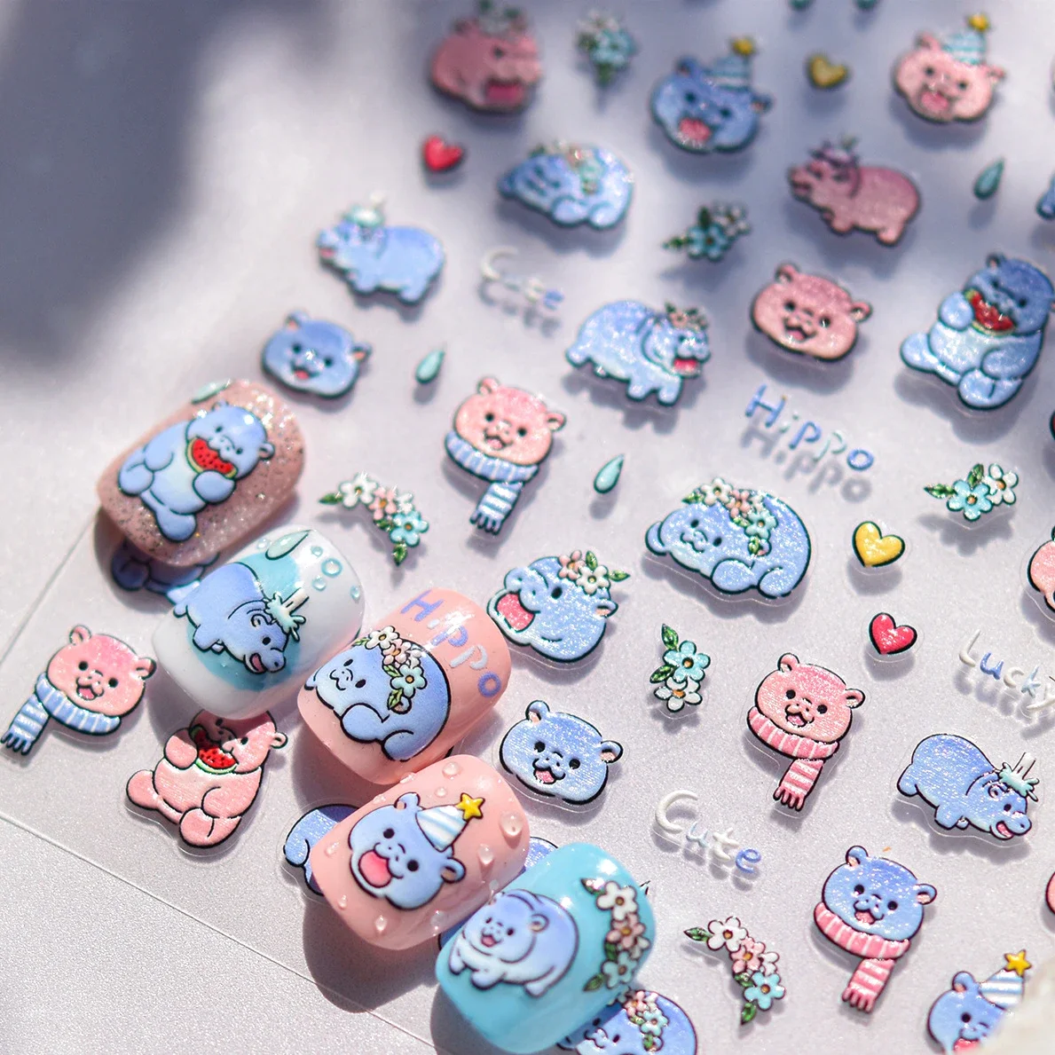 Blue Hippo Bowknot สีขาวผ้าพันคอสุนัขลูกสุนัขน่ารัก Hippocampus หมวกสตรอเบอร์รี่เบียร์เชอร์รี่ Love Heart Nail Art สติกเกอร์เล็บ Decals