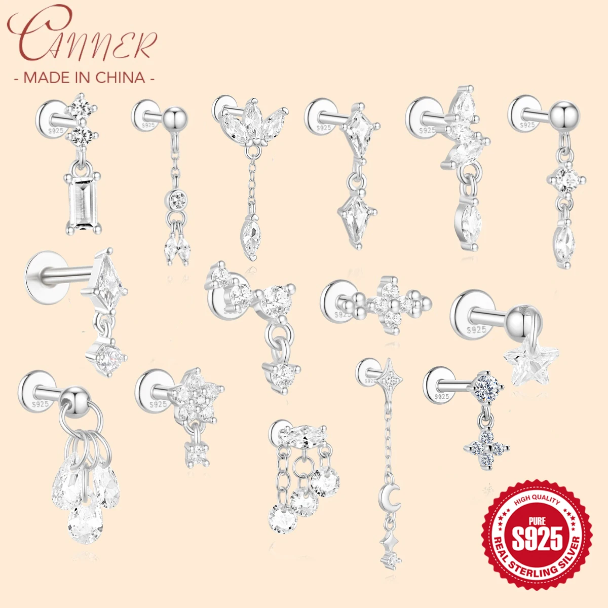 

CANNER 1pc 925 Silver Horse Eye Stars Flower studs For Women 18K Gold Flat Head Threaded Puncture Ear Bone Ins Fine Jewelry