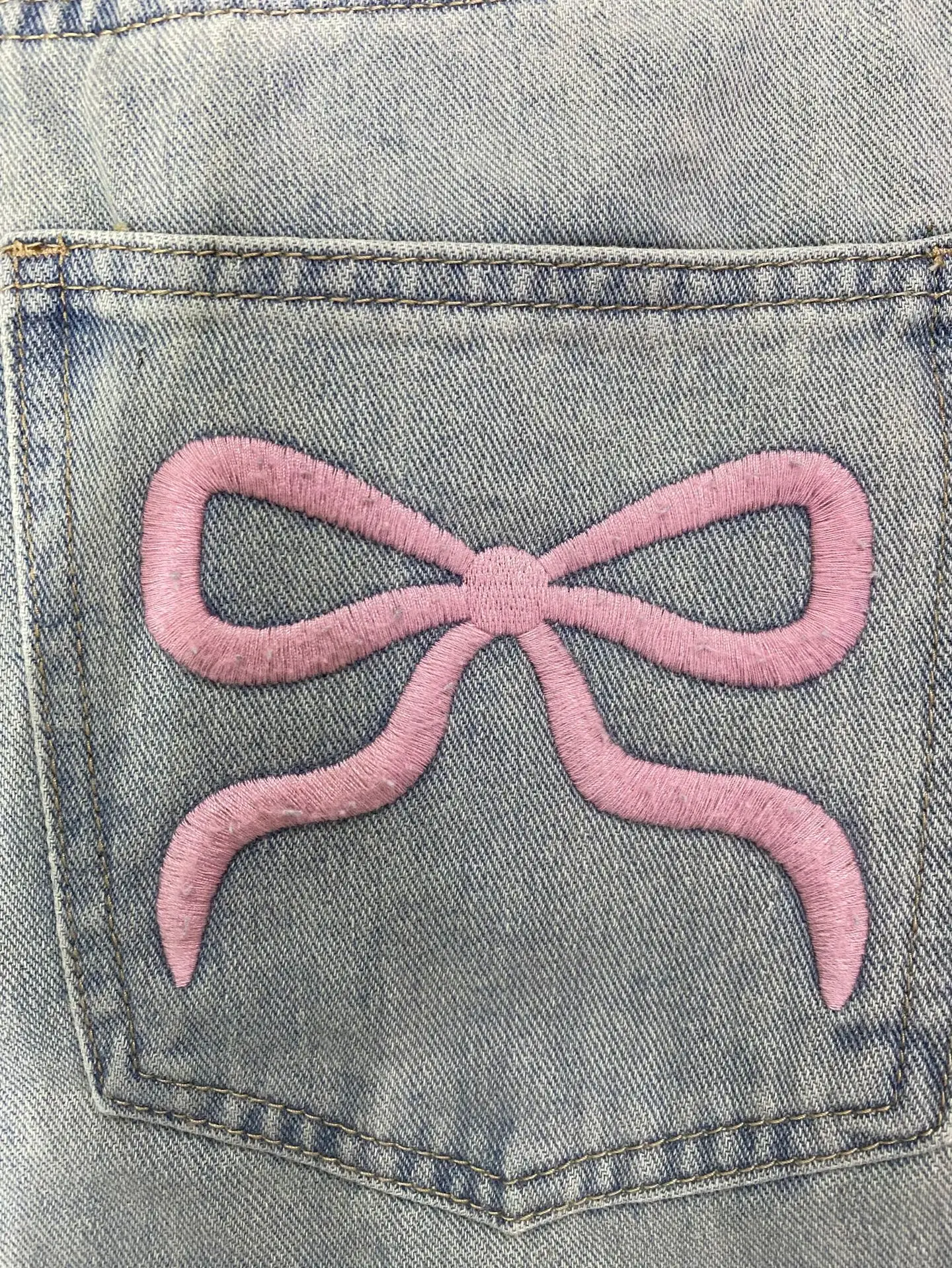 Spring 2025 women's bow ballet style embroidered denim wide leg pants washed and worn pants