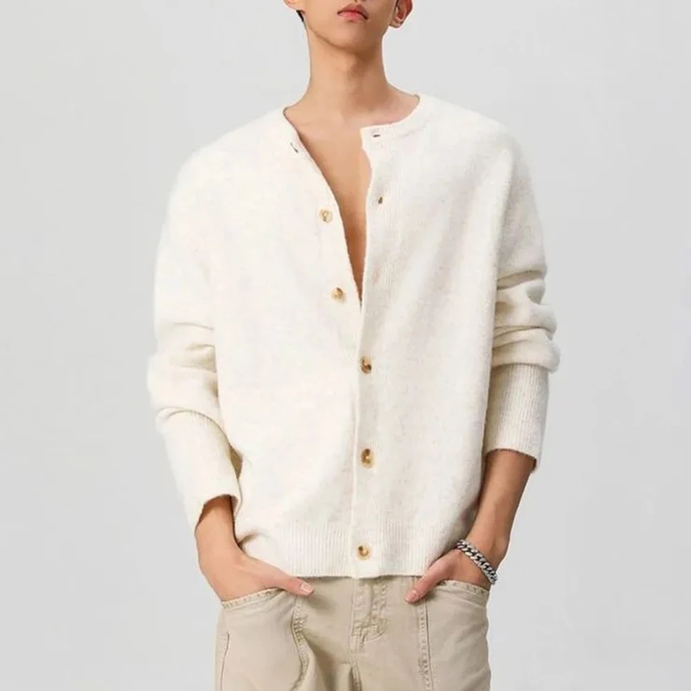 

2025 Winter Male Solid Color Long-Sleeved Cardigan Sweater American Retro Fashion Trend High Street Loose Casual Niche Men's Top