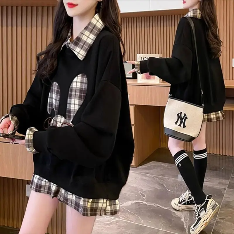 Fashion Letter Embroidery Plaid Fake Two Pieces Sweatshirts Female Clothing 2024 Autumn New Loose Casual Tops Korean Sweatshirts