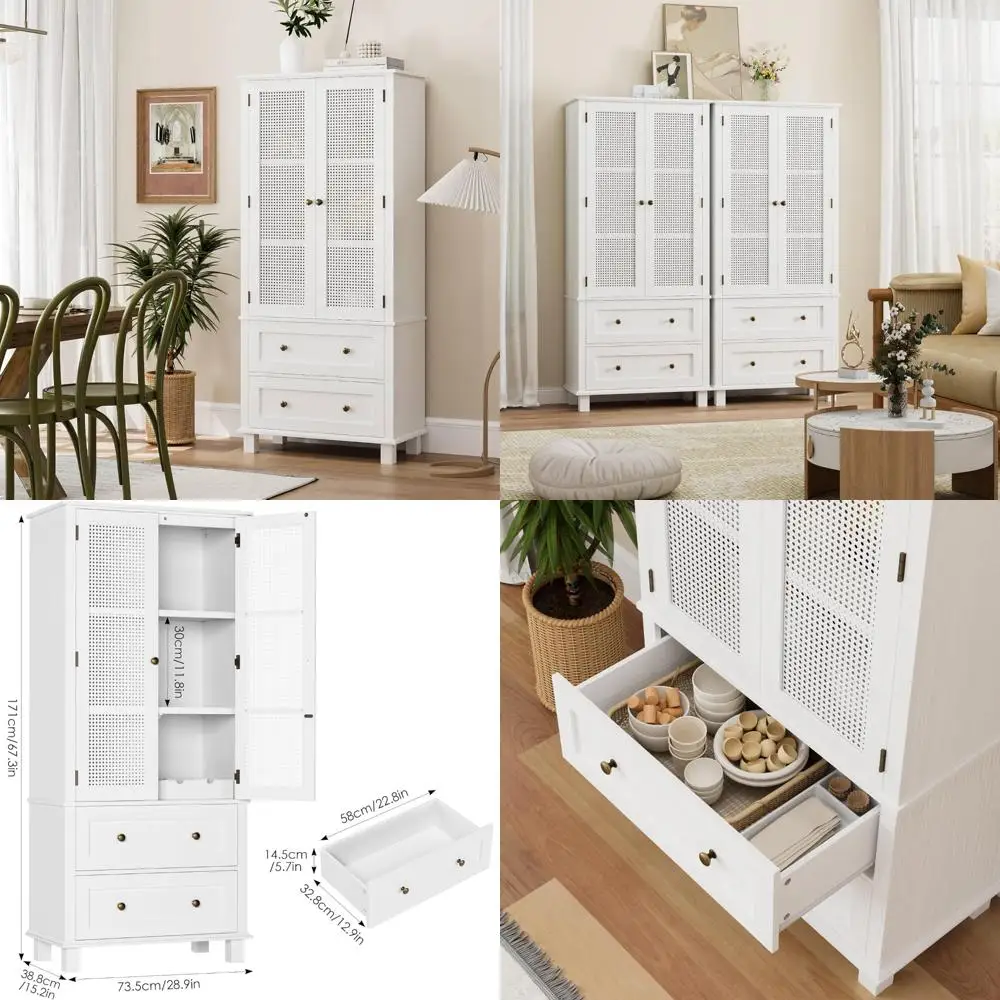 Rattan Door Tall Kitchen Pantry Cabinet with Adjustable Shelves and Two Drawers