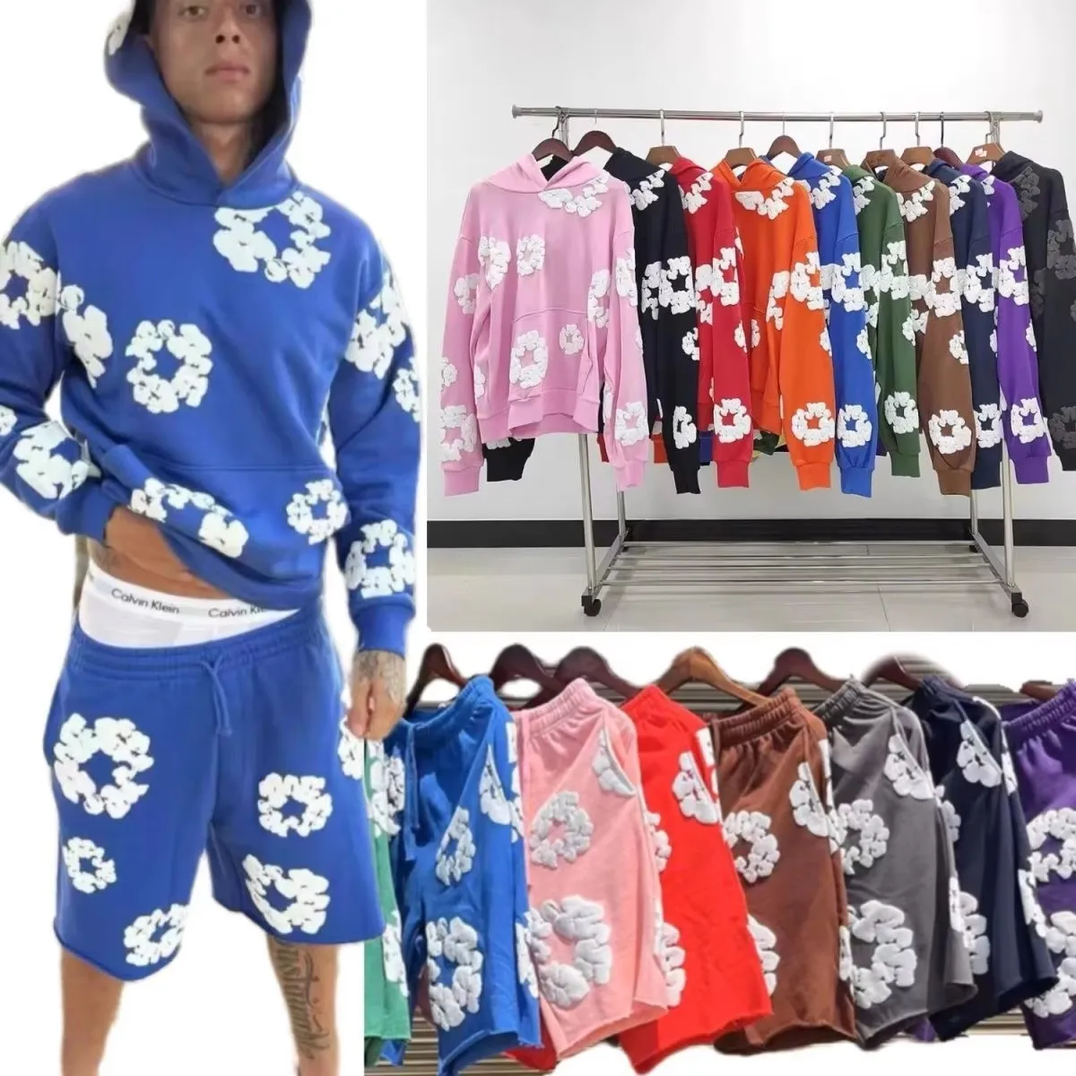 DENIM TEARS Fashion New Men's Women's Same Foam Printing High Street Hooded Sweater with Shorts Set