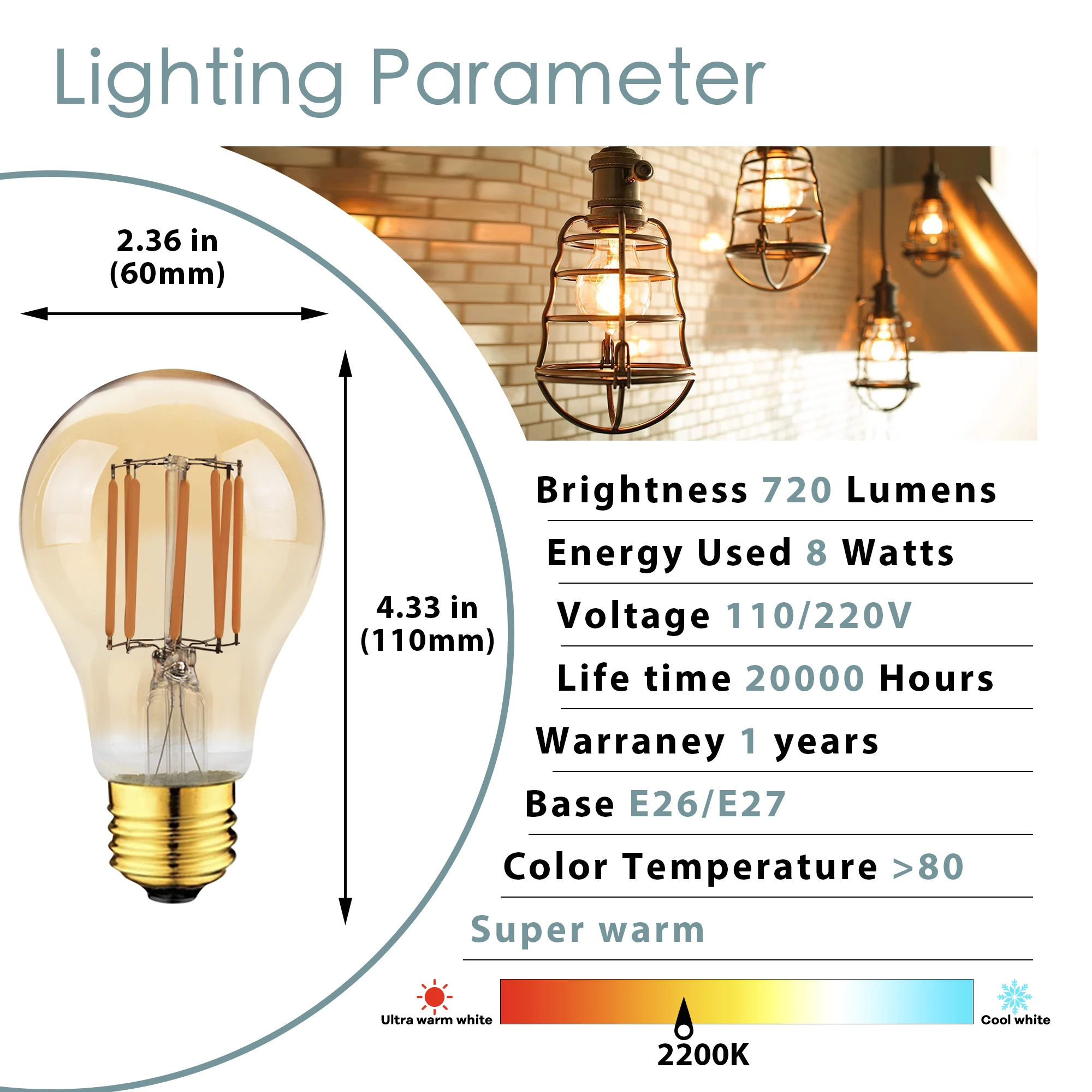 Ganliland – ampoule à Filament Led A19, 8W, E27, teinte or, verre, Vintage, ronde, 2200K, A60, 220V, pour décoration de salon