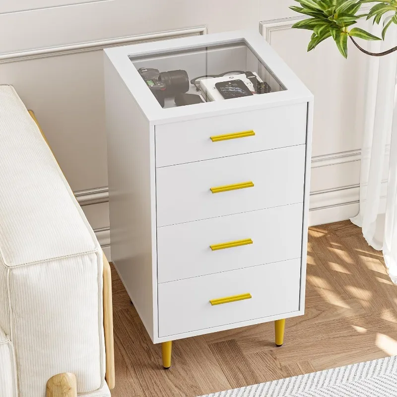 White Chest of 4 Drawers with Glasstop and Velvet Lining, Vanity Desk Side Cabinet for Jewelry Display, Tall Nightstand