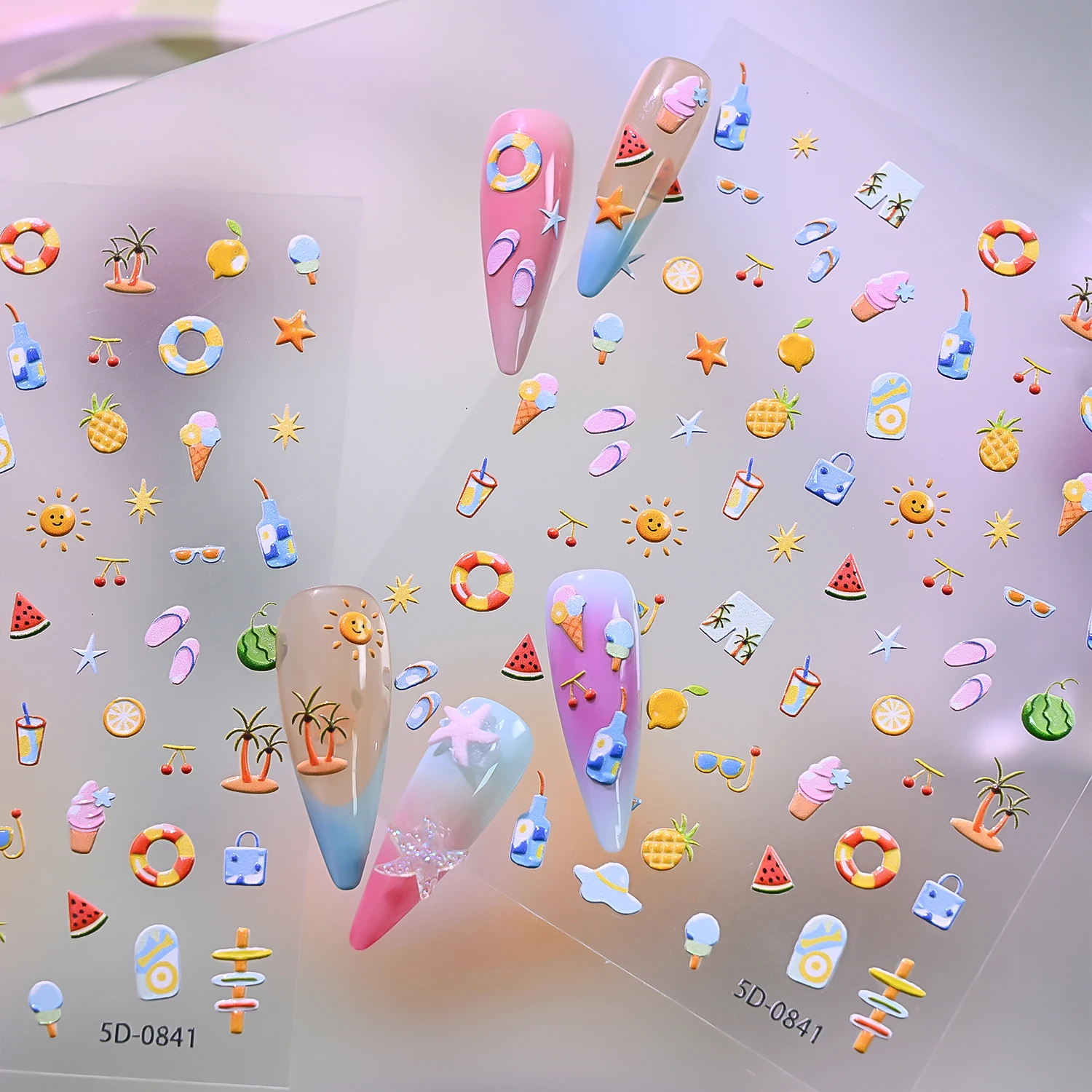 5D Embossed Colorful Ice Cream Fruit Nail Stickers Summer Beach Coconut Tree Bikini Nail Declas Watermelon Star Kawaii Sliders view 6
