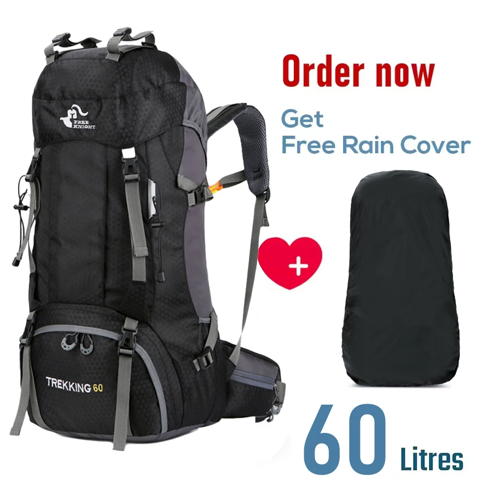 

60L Camping Hiking Backpacks Men Outdoor Tourist Backpacks Nylon Sport Bag for Climbing Travelling with Rain Cover Free Knight