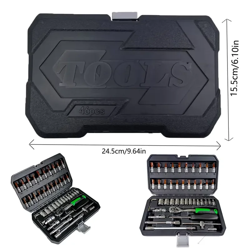 46PCS 1/4 Drive 72 Tooth Ratchet Socket Wrench Set Cr-V Steel Chrome Plated Integral Heat Treatment Auto Repair Hand Tool Kit