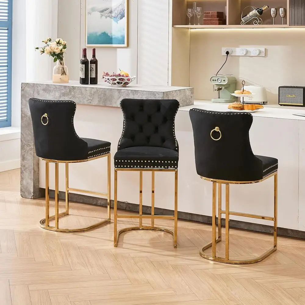 

Set of 3, 26 High-Back Velvet Bar Stools with Metal Legs for Kitchen Island or Counter, Black