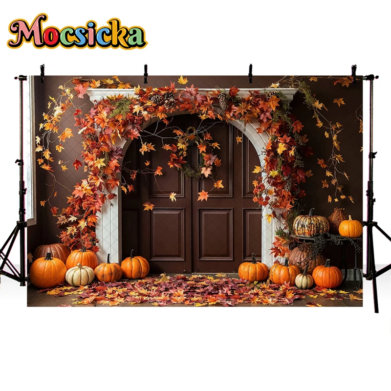 Mocsicka Photography Background Fall Pumpkin Red Maple Leaf Arch Decor Adult Children Artistic Portrait Backdrop Photo Studio