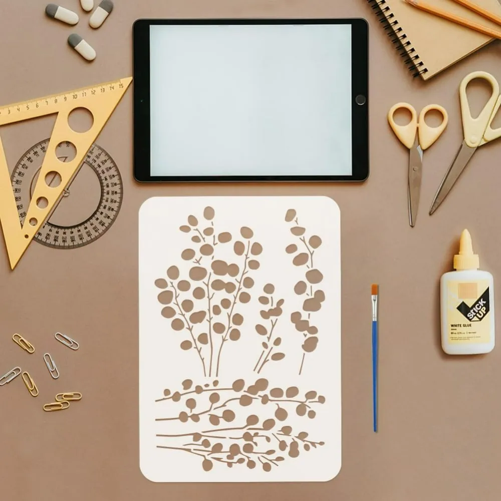 استنسل رسم أوراق الأوكالبتوس مع فرشاة 8.3 × 11.7 بوصة قالب فروع الأوكالبتوس نبات قابل لإعادة الاستخدام استنسل الأوكالبتوس