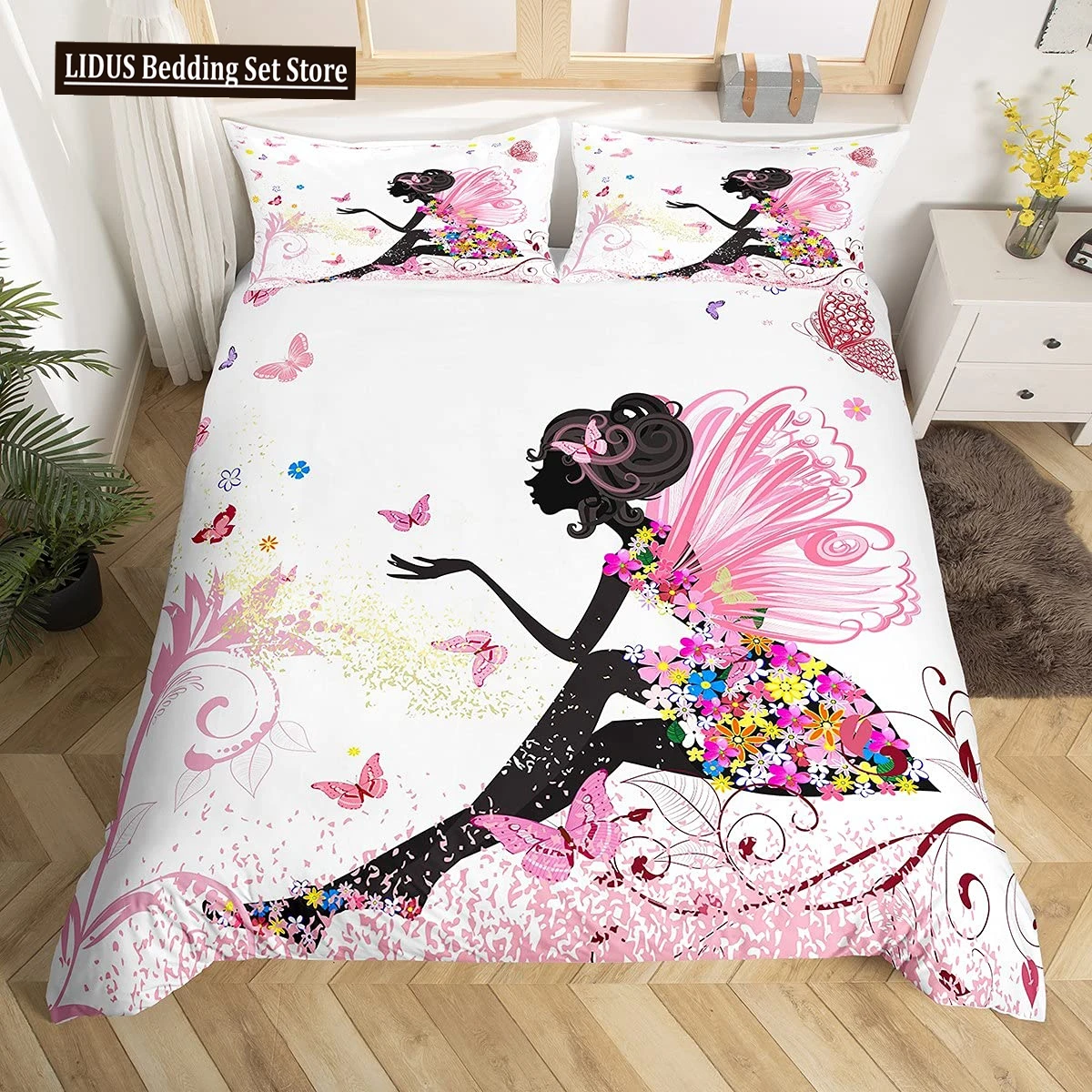 Romantic Style Duvet Cover Set Fairy Girl Bedding Set,Girls Women Couple Flying Butterflies Decor Fantasy Pink Comforter Cover