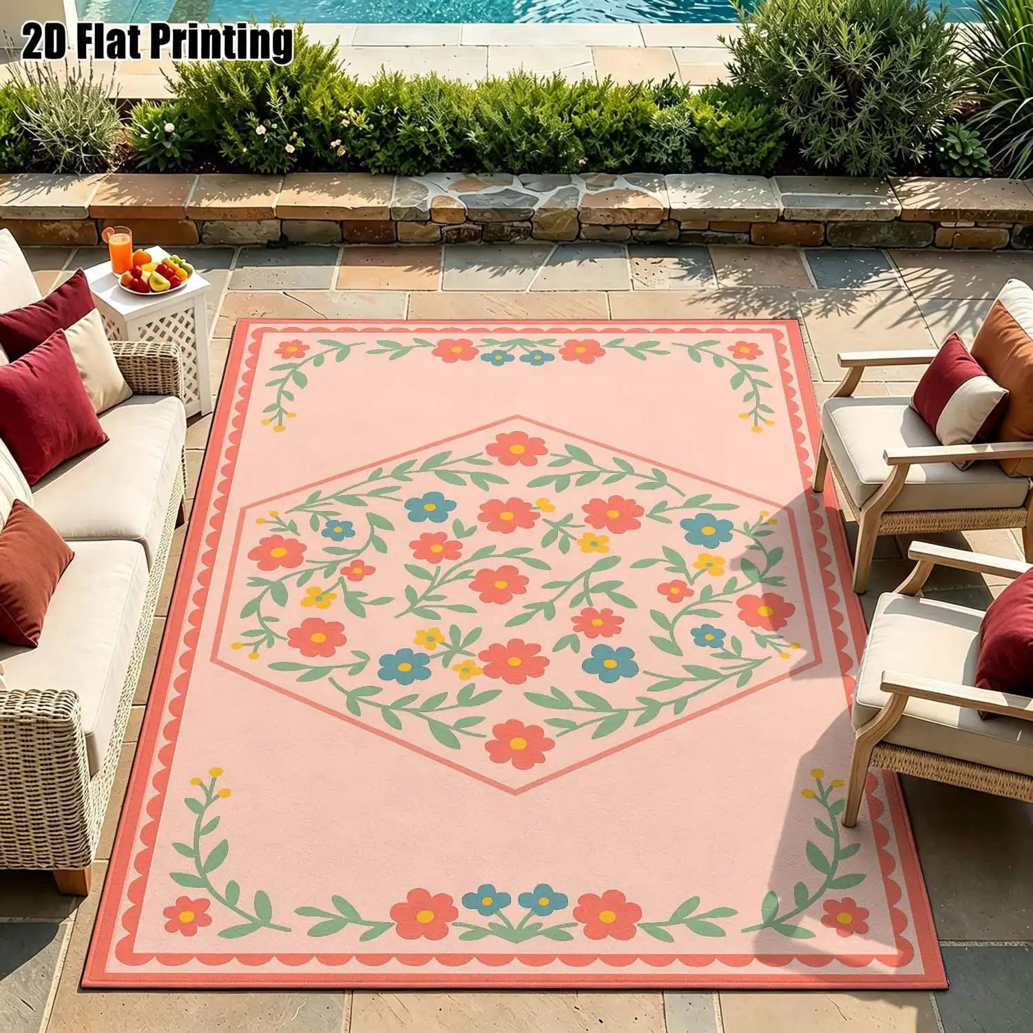 1Pc 2D Printed Carpet: Pink Flower, European/Bohemian Style, Geometric Floral, Machine Washable, Multi-Size, Home Decor Mat for Entryway, Dining Room, Foyer, Bedroom, Living Room