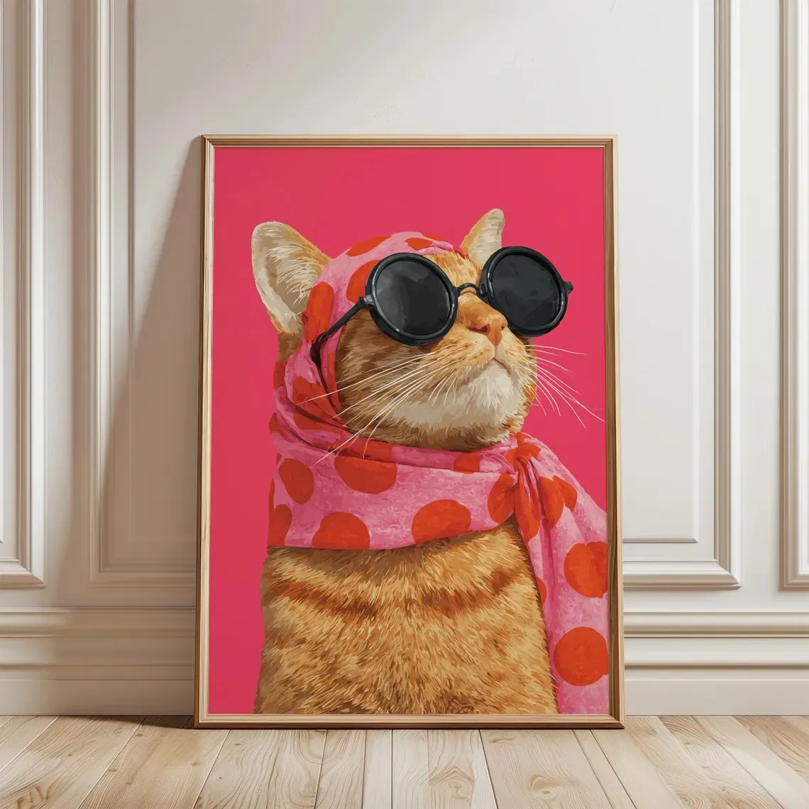 Cat Wearing Sunglasses Canvas Print, Colourful Bright Pink Wall Art Animal Home Decor, Whimsical Animal Poster