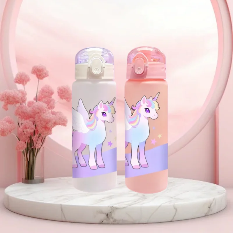 Taza de agua con patrones de unicornio impresa en 3D de 780ml con botella de agua manual para exteriores, sin PVC, a prueba de fugas, acabado mate resistente a la decoloración
