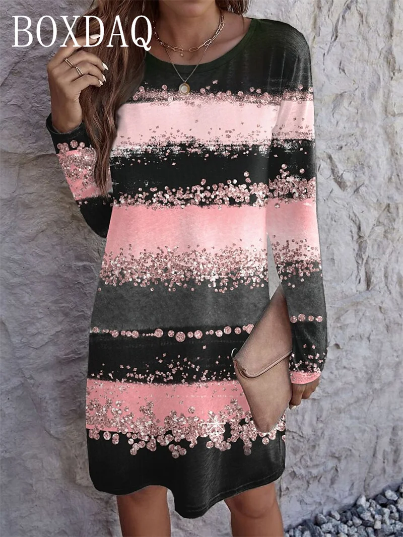 Women's Dresses 2025 Spring New O-neck Gradient Striped Colour 3D Printed Long Sleeve Fashion Casual Loose Dress Streetwear Robe