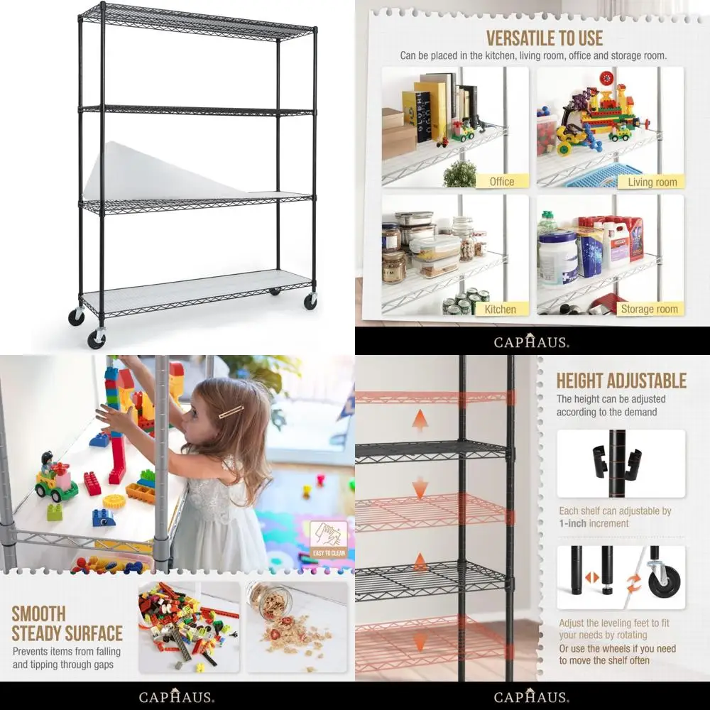 رفوف سلكية شديدة التحمل من الدرجة التجارية مع عجلات وأقدام تسوية وبطانات وأرفف تخزين معدنية لحلول تخزين المرآب #1