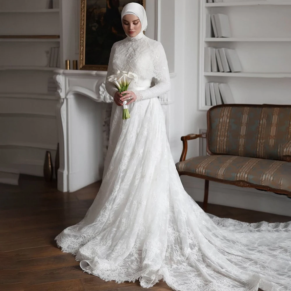 

Muslim Wedding Dresses High Neck Long Sleeve Lace Bride Dress A-Line Sweep Train Church Bridal Gown Customized robe de mariée