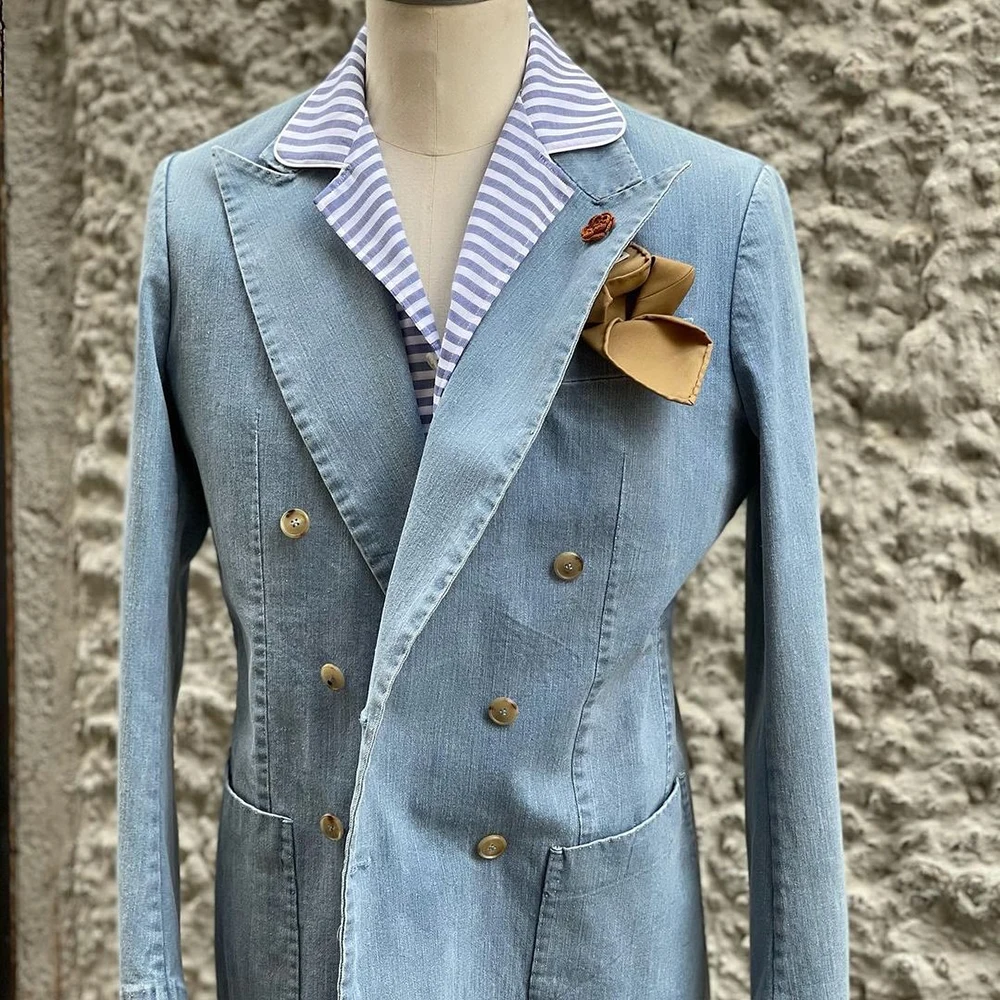 

Bespoke Denim Men's Suits Casual Double Breasted Peak Lapel Skinny 2 Piece Jacket Pants Full Sets Casual Daily Male Clothing