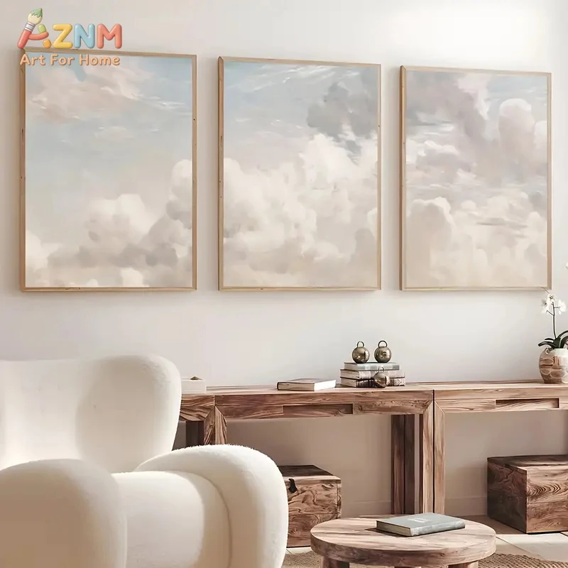 3PCS Soft Pastel Cloud Canvas Prints Set Abstract Sky Watercolor Wall Art Posters for Living Room Bedroom Neutral Minimalist Hom