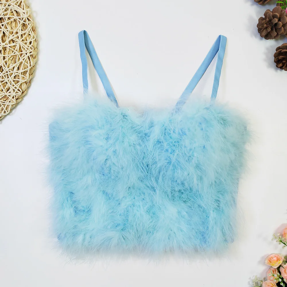 

Feather Sling Vest Women Outer Wear Free Underwear Short Open-navel Ostrich Hair Solid Fish Bone Bra Crop Top Slight Strech