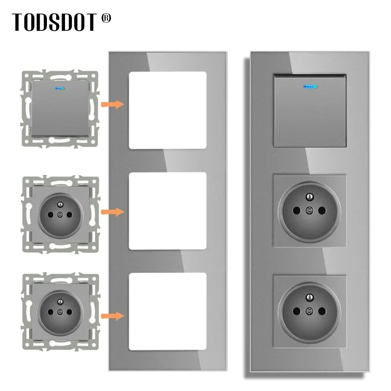 TODSDOT EU Standard DIY Wall-Mount Module Power Socket Vertical Grey Glass Panel Switch Button Function Free Combination