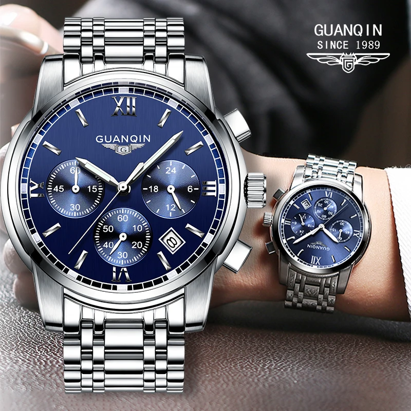 

GUANQIN Top Men's Watch Multifunctional Sports Quartz Wristwatch with Steel Band Waterproof Luminous Stop Watches for Gifts