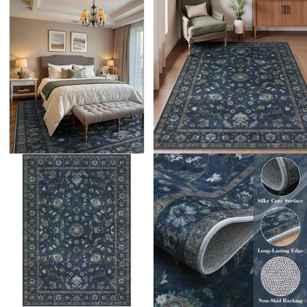 

Винтажный цветочный ковер 5x7 футов, моющийся, нескользящий, устойчивый к пятнам, для спальни, гостиной, столовой, домашнего офиса (синий)
