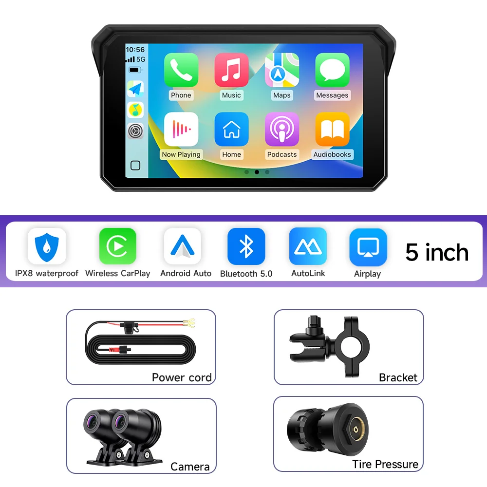 JIUYIN 5 inch draadloze CarPlay Moto Android Auto draagbare digitale motorfiets dashboard GPS motorfiets navigatie display scherm