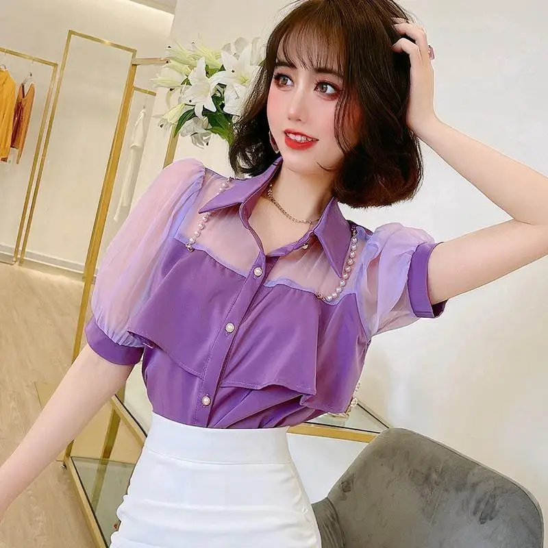 Elegant Lapel Spliced Beading Gauze Hollow Out Puff Sleeve Shirt Women's Clothing 2023 Summer New Casual Tops Office Lady Blouse