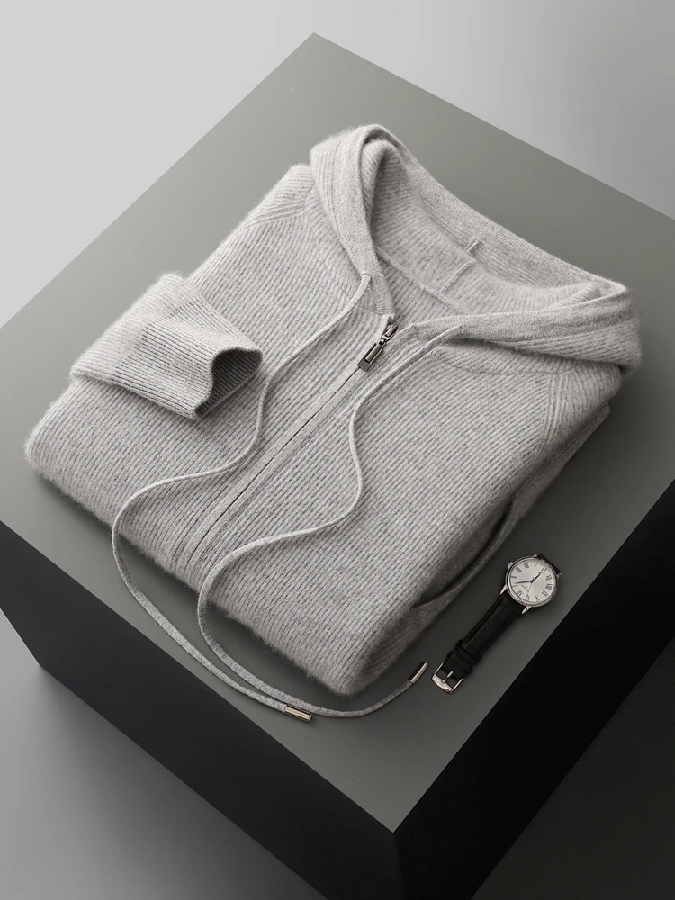 New Chic Hooded Cardigan Men's Simple Casual Style Cashmere Sweater Autumn Winter Thick High Quality 100% Cashmere Knit Coat
