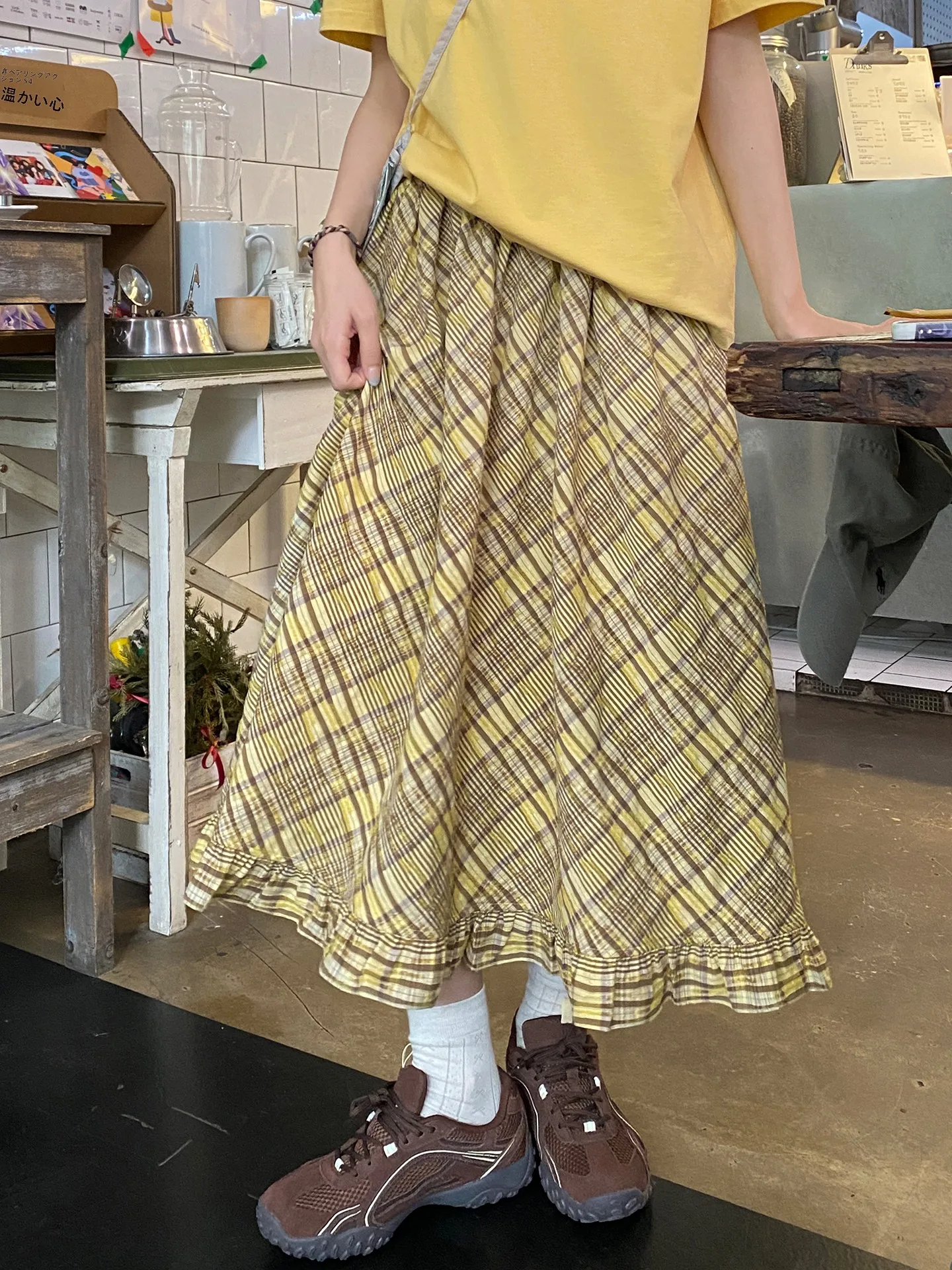 

Milk Rabbit Texture Long A-Line Skirt Women's Summer Plaid Half-length Bordered Sweet Japanese Style Casual Polyester Blend