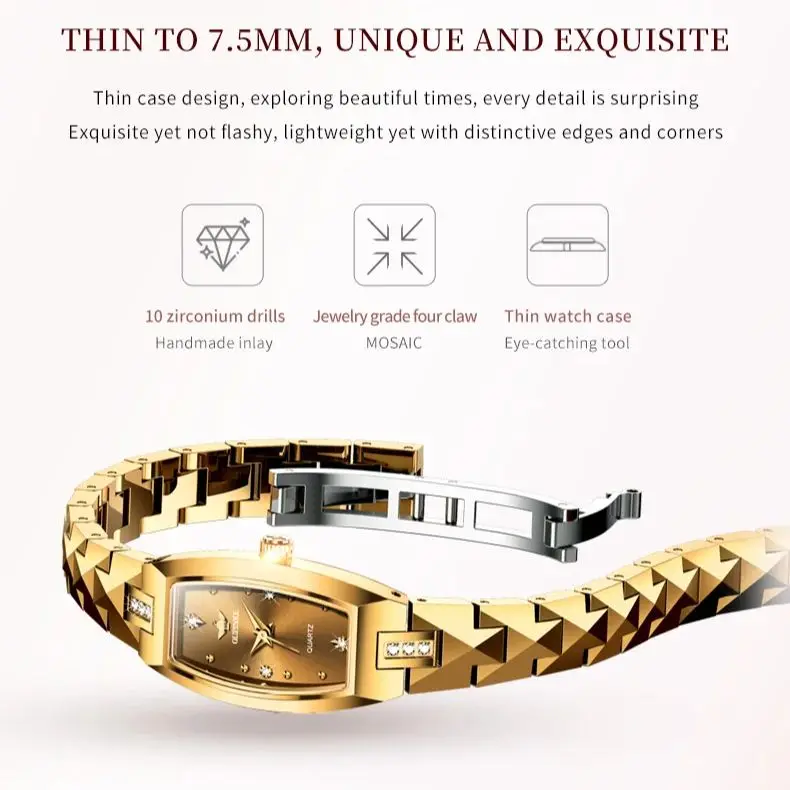 OUPINKE  Swiss Movement Gold 7.5mm Dial Square Women's Watch Tungsten steel Waterproof Sapphire Mirror Quartz Watch for Women