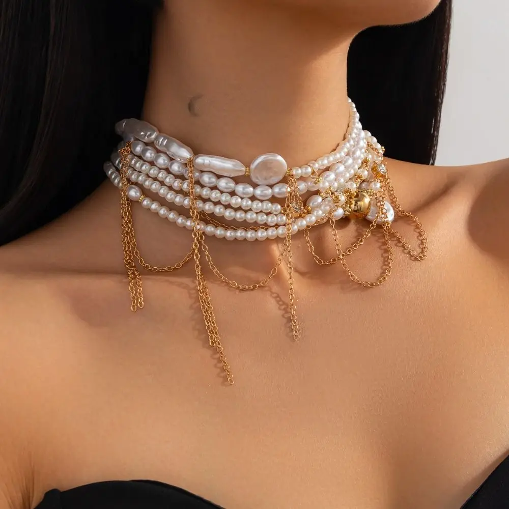 

Creative Irregular Imitation Pearl Necklace Choker Elegant Mulitilayered Pearls Necklace Retro Style Alloy Tassel Necklace Party