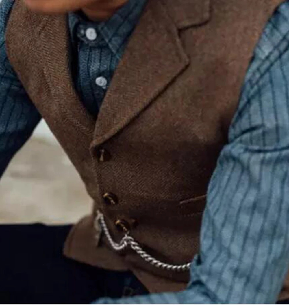 Chaleco de traje de negocios para hombre, chaqueta informal de lana con cuello en V, espiga, marrón, Formal, para boda