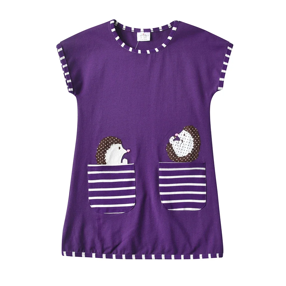 VIKITA Girls Purple Hedgehog Print Dress with Pockets Kids Short Sleeve Summer Cotton Casual Daily Vestidos Kids Clothes