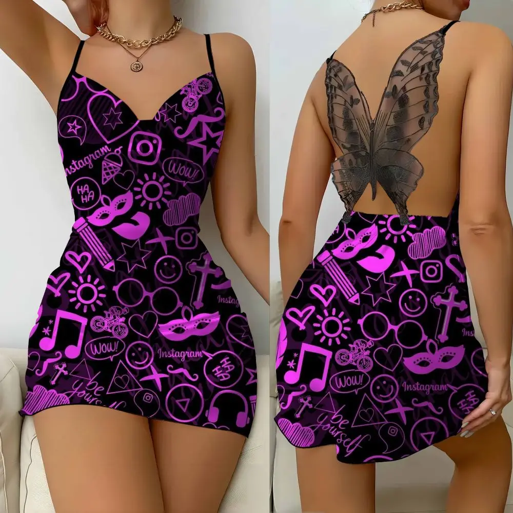 Mini vestido apertado com letra de amor 3D feminino, vestido de festa com rosto de seda feminino sem costas, decoração de borboletas, sexy, Lazybones, 2022