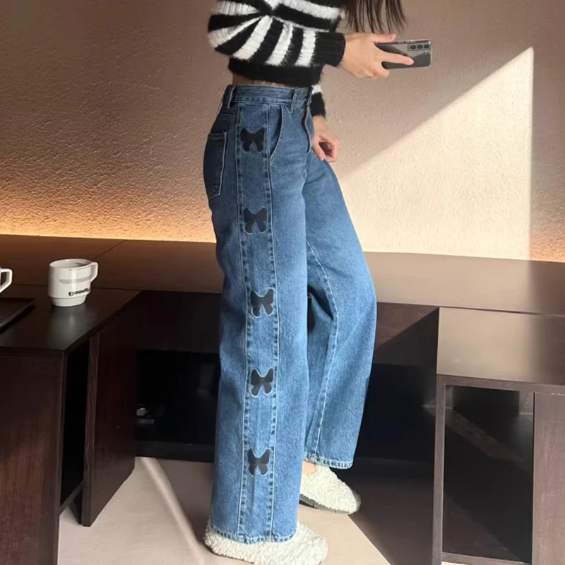 

Ele Spring High Waist Wide Leg Straight Cut Denim Pants Knot Print Embroidery Versatile Long Trousers for Women