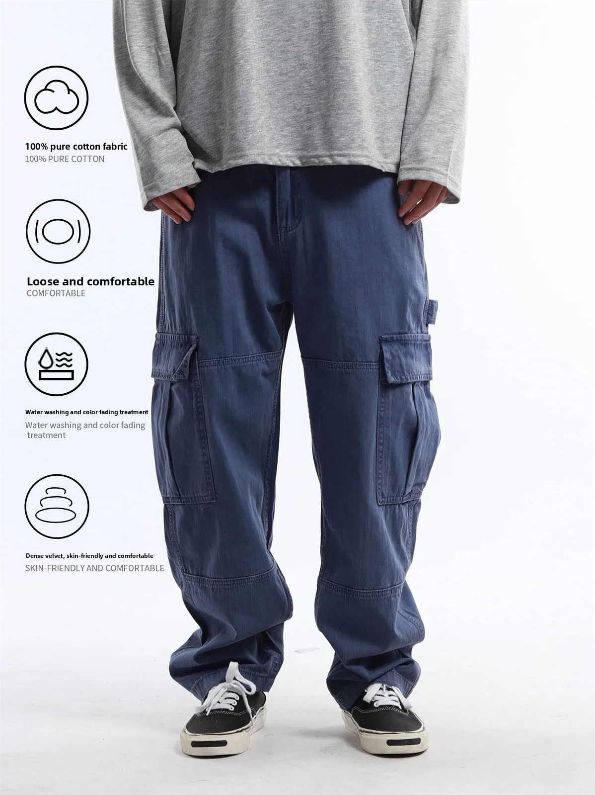 Vintage Japanese Style Pure Cotton Work Pants Men's Loose Casual Washed Wide Leg Jeans Casual Comfortable Unisex Trousers