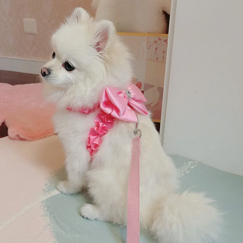 

Puppy Dog's Harness Traction Rope Cute Korean Pink Bow Harness Rope Set for Small Medium Dog Yorkshire Outerdoor Leashes Harness