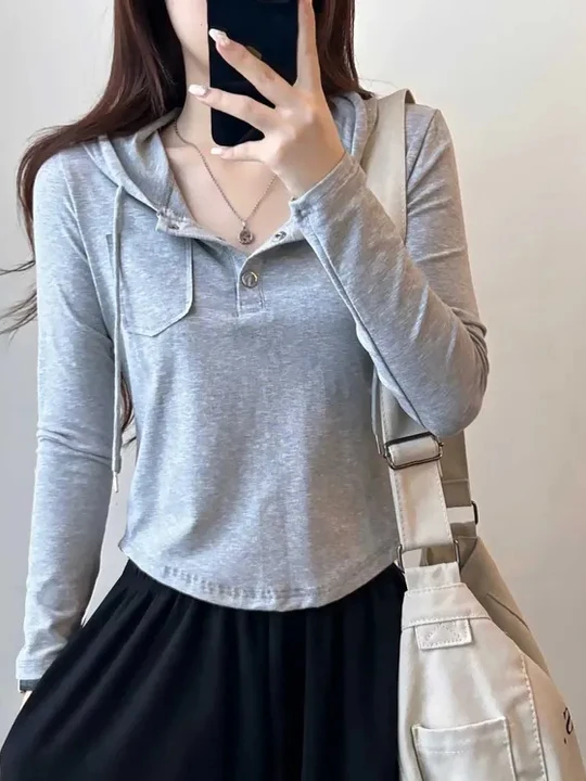T-shirt à capuche français Sle Long Sve pour femmes, longueur ort f, col ouvert, boutonné, haut Chic pour la saison d'automne