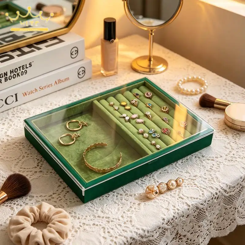 Dustproof Acrylic Lid Jewelry Box Multi Compartment Organizer for Rings Earrings Cufflink Pu Leather Outer Soft Velvet Interior