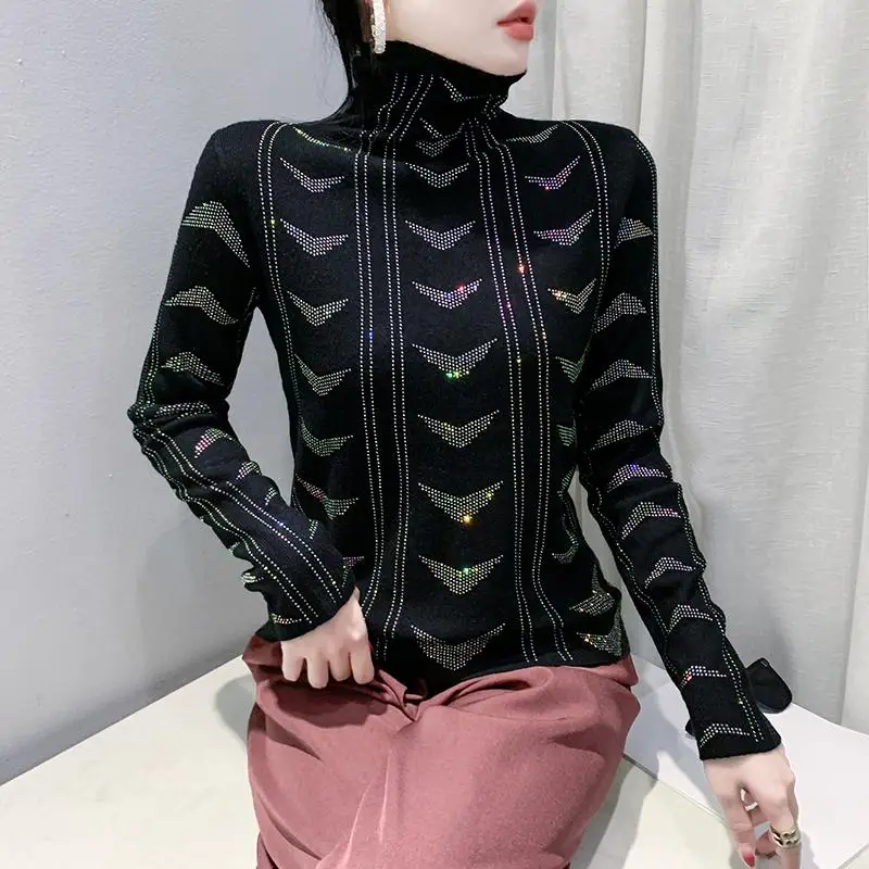 

Вязаный свитер с высоким воротником, женский осенне-зимний тяжелый длинный свек, приталенный крой, модная основа irt Diamond Embedded