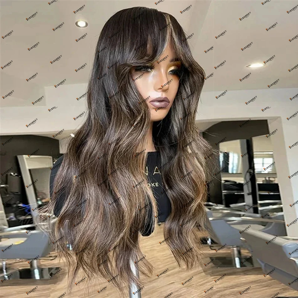 Curtain Bangs Balayage Brown Blonde Human Hair Natural Wave Lace Front Wig for Black Women 180% Density Remy Peruvian Hair Wig